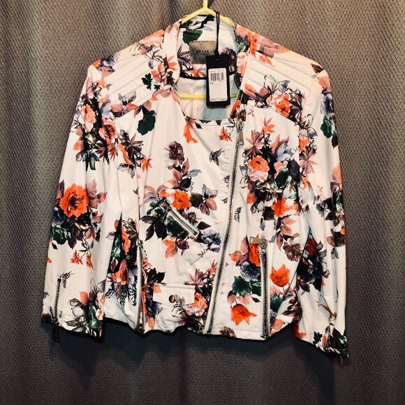 *NWT* [WOMEN L] GUESS ORSOLA Floral Faux Leather Moto Biker Bomber Jacket Coat - Picture 1 of 7